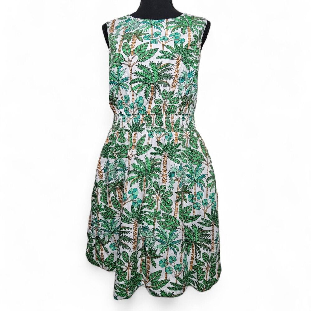 Boden Dress Women's 8 Smocked Waist Green White Pockets Tropical Preppy Summer
